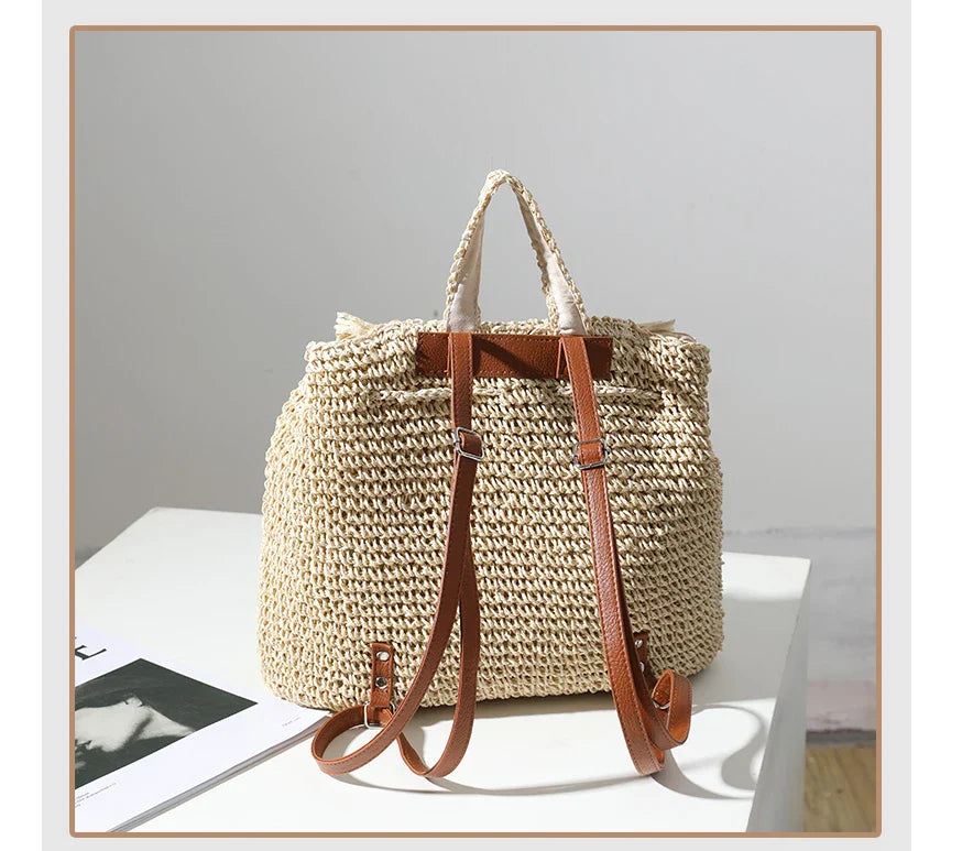 Femlion Tassel Straw Backpack: Stylish Woven Bag for Beach Vacation or Leisure