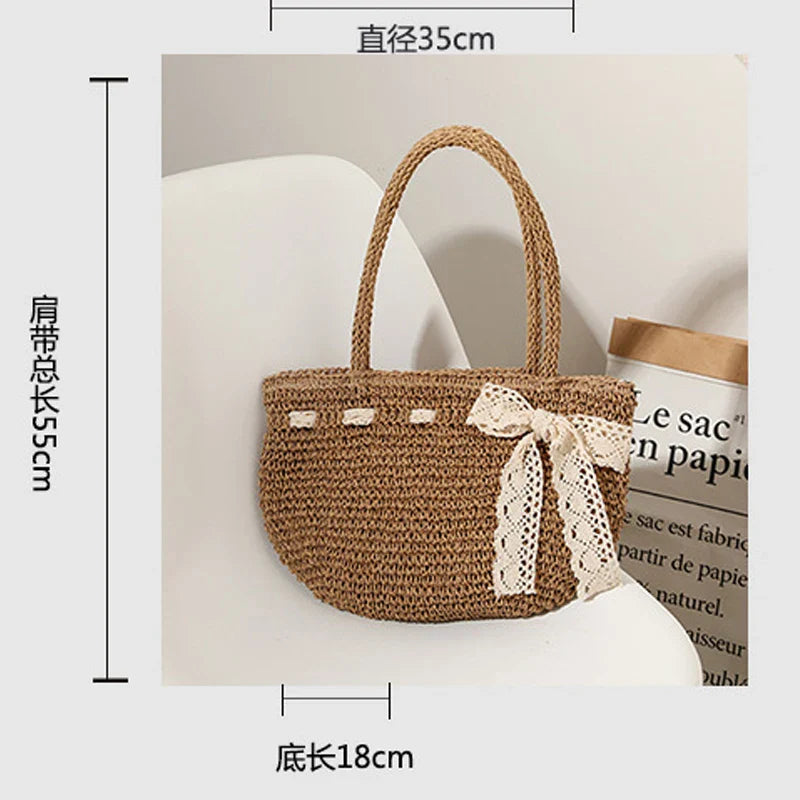 Femlion Bowknot Woven Bag: 2021 New Shoulder Straw Beach Bag