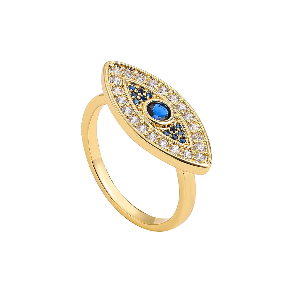 Femlion Turkish Blue Eye CZ Gold-plated Copper Charm Ring Vintage Ethnic Luxury Jewelry Gift