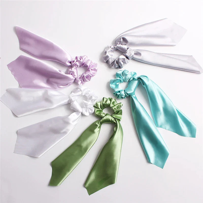 Femlion Solid Color Silk Bow Scrunchie - Fashionable Hair Accessory for Women