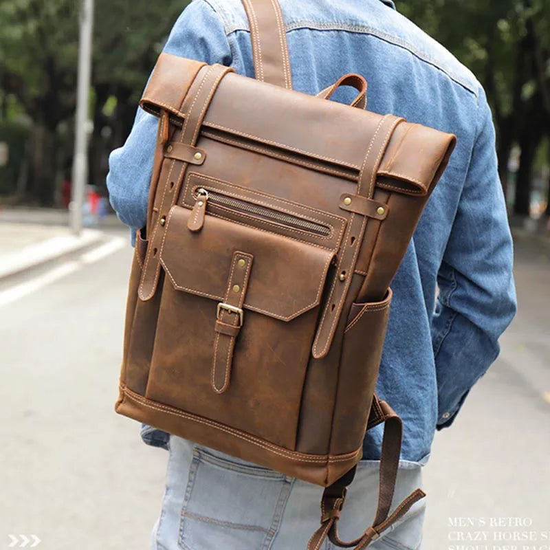 Femlion Vintage Leather Backpack for Men | 16 Inch Anti Theft Computer Travel Bag