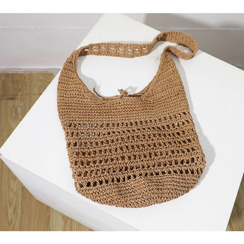 Femlion Large Straw Woven Beach Bag: Korean Hollow One-Shoulder Casual Vacation Tote