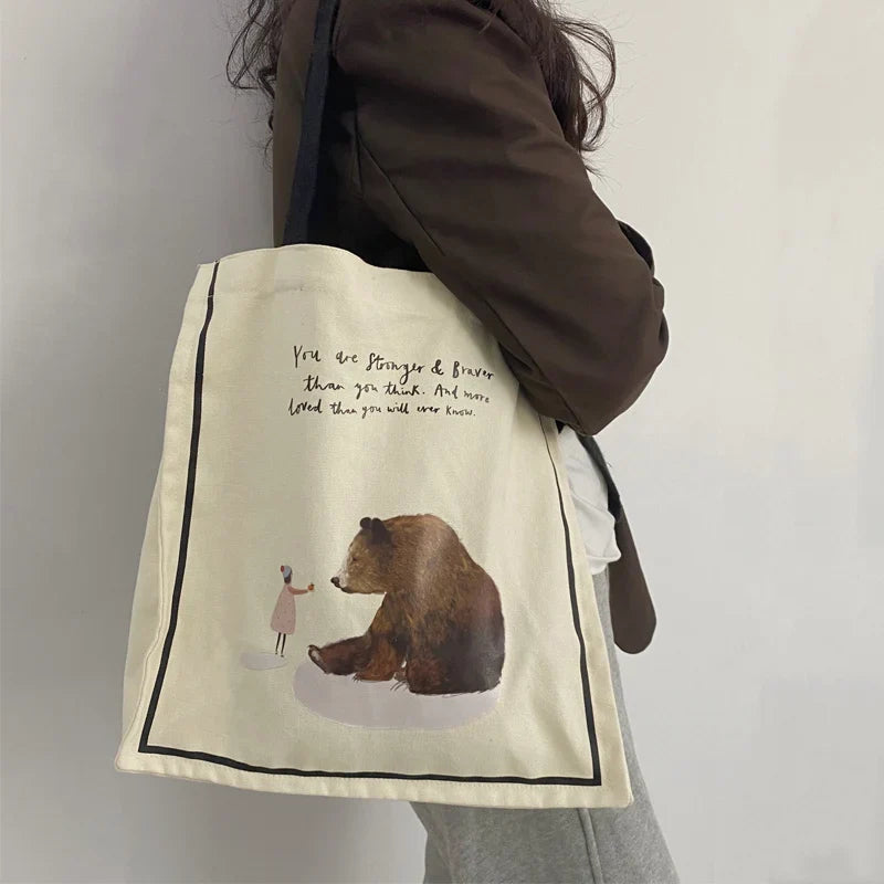 Femlion Girl and Bear Print Canvas Shoulder Bag: Cute Eco-Friendly Tote for College Students