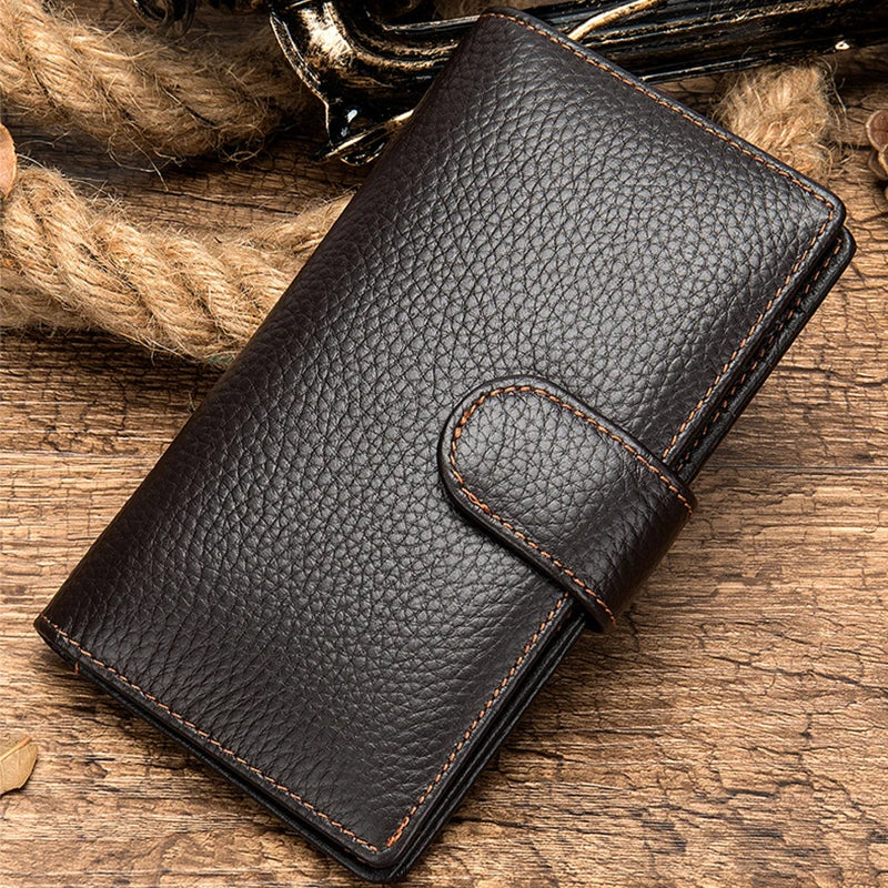 Femlion Genuine Leather Men's Long Bifold Wallet with 10 Card Slots