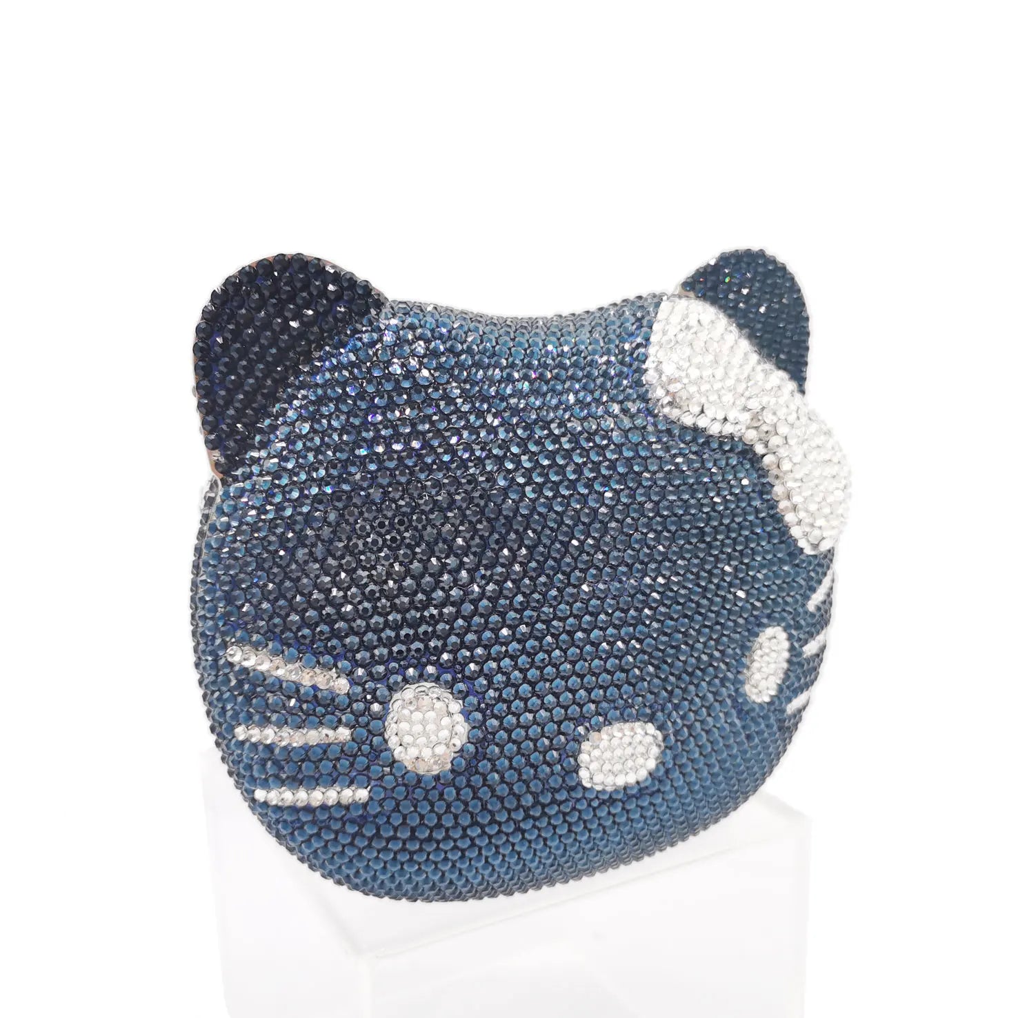 Navy Blue Crystal Cat Evening Bag by Femlion - Designer Clutch for Women