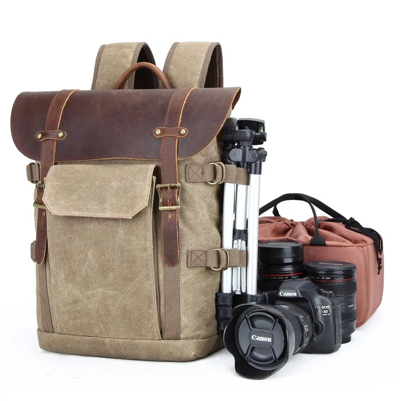 Femlion Canvas Leather Camera Backpack Retro DSLR Daypack Fashion Rucksack