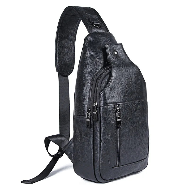 Femlion Men's Genuine Leather Black Chest Pack Crossbody Sling Bag