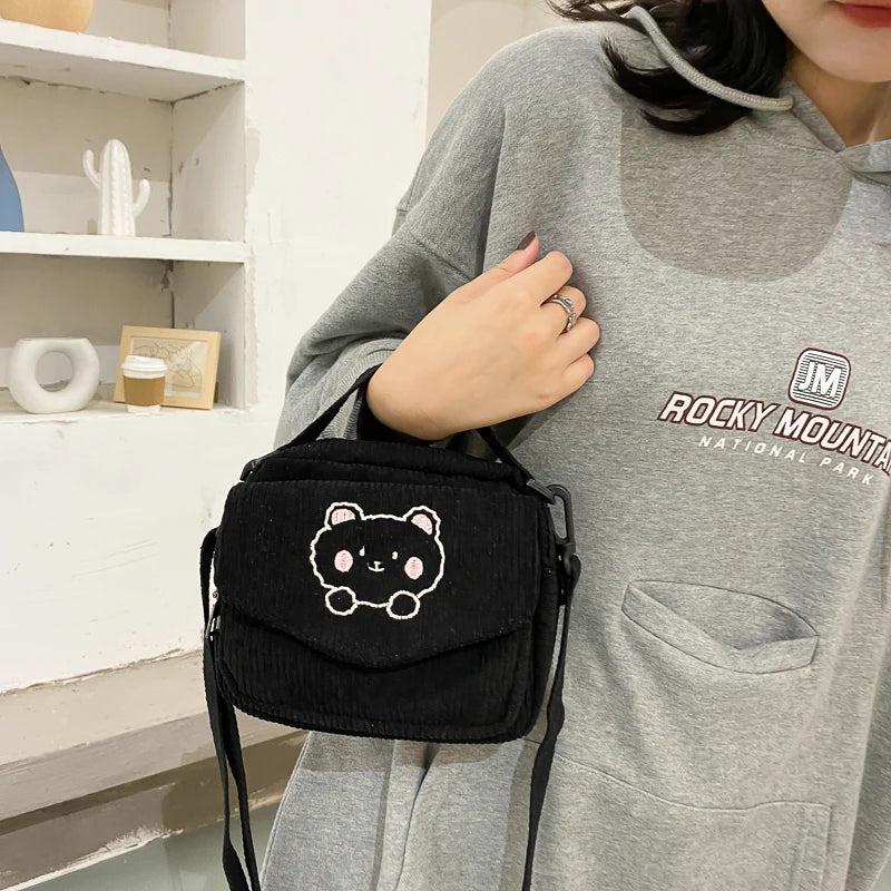 Femlion Corduroy Bear Embroidery Shoulder Bag Mini Crossbody Purse