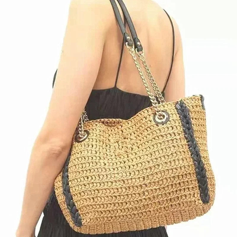 Femlion Beige Straw Woven Bucket Bag Crocheted Female Big Bag