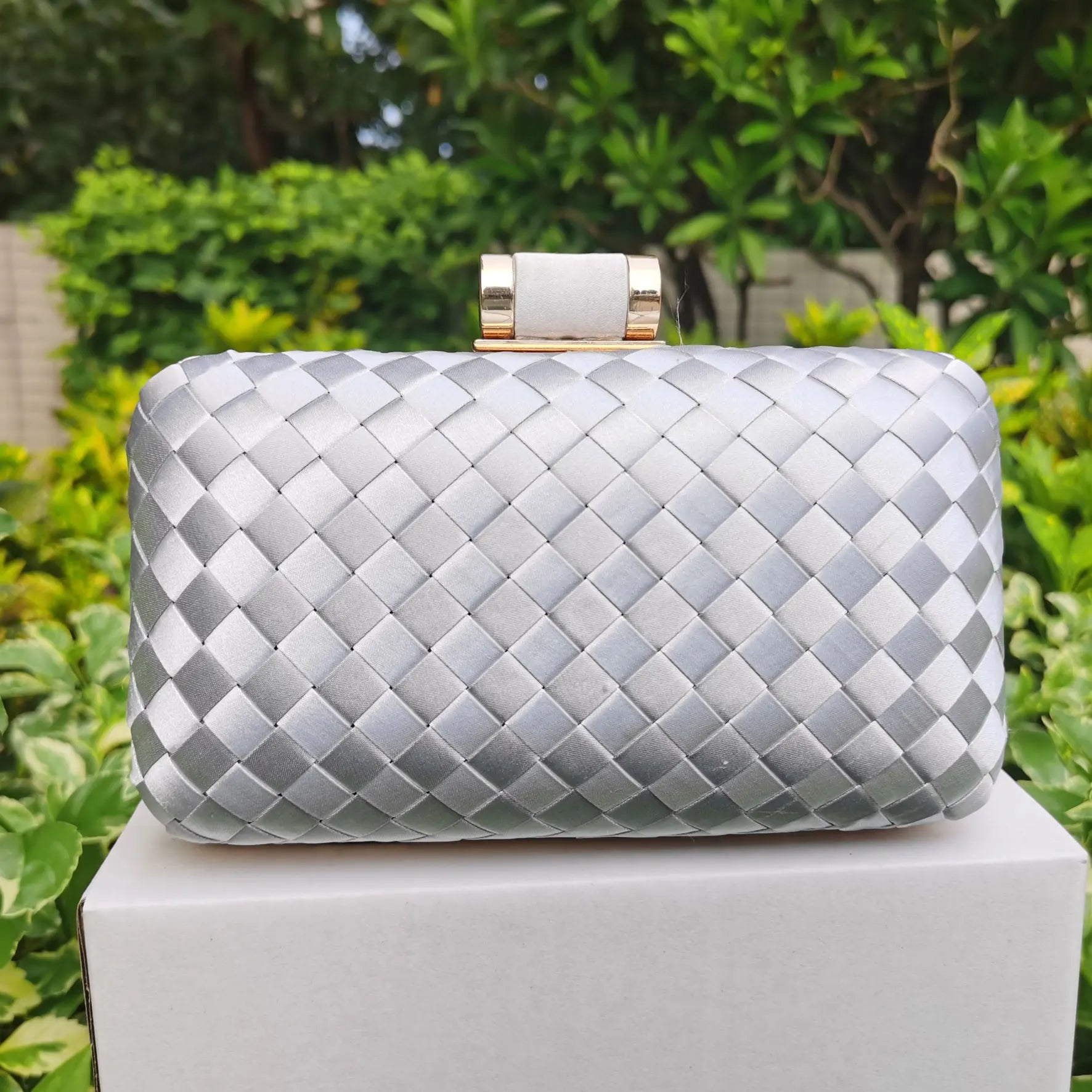 Femlion Silver Gold Green Woven Knitting Clutch Wedding Purse Box Handbags Evening Bags