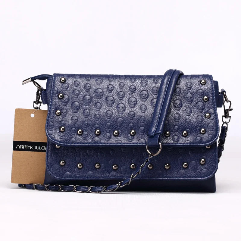 Femlion Rivet Skull Chain Crossbody Bag - Women's PU Leather Messenger Purse in 5 Colors