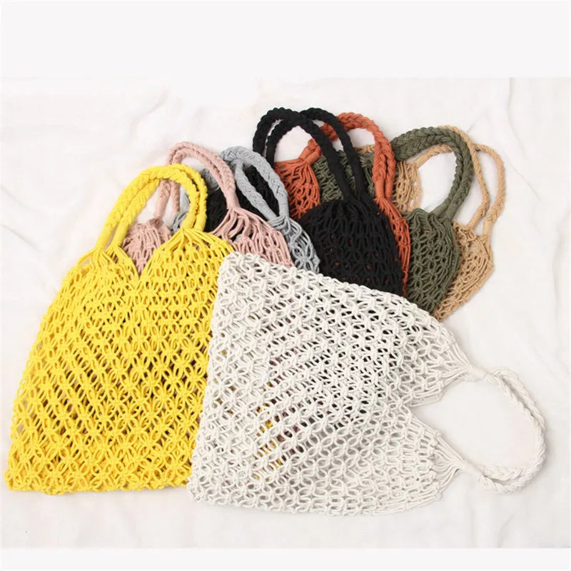 Femlion Reticulate Straw Shoulder Bag - Trendy Woven Mesh Rope Weaving Handbag