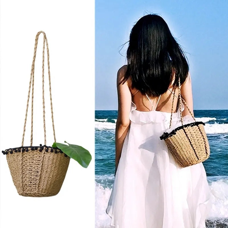 Femlion Boho Beach Bag: Handmade Straw Tote for Women, Retro Style Drawstring Basket Bag