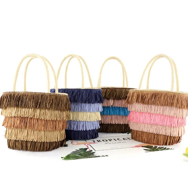 Femlion Tassel Paper Rope Straw Bag Portable Woven Beach Bag Casual Women's Handbag