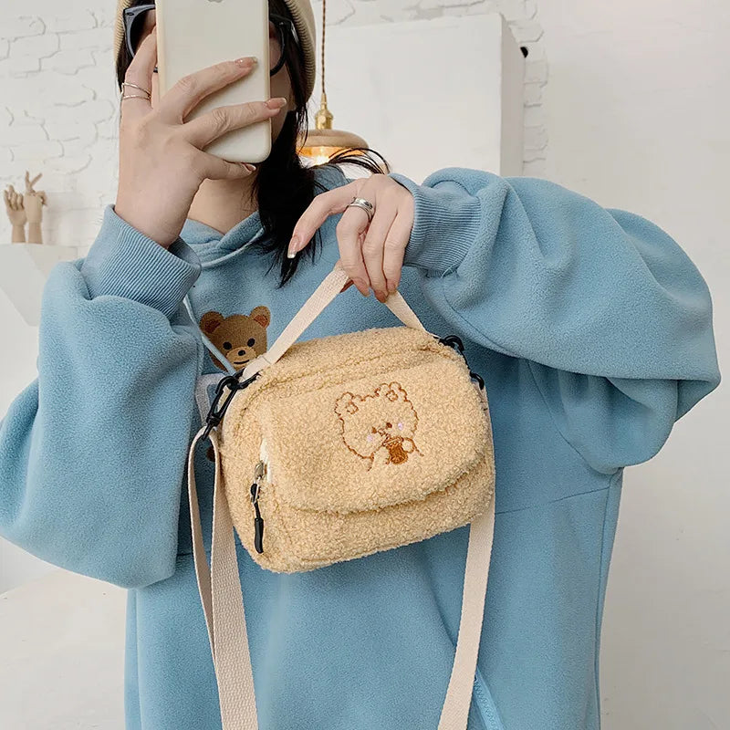 Femlion Mini Plush Crossbody Bag: Cute Embroidery Zip Purse for Women