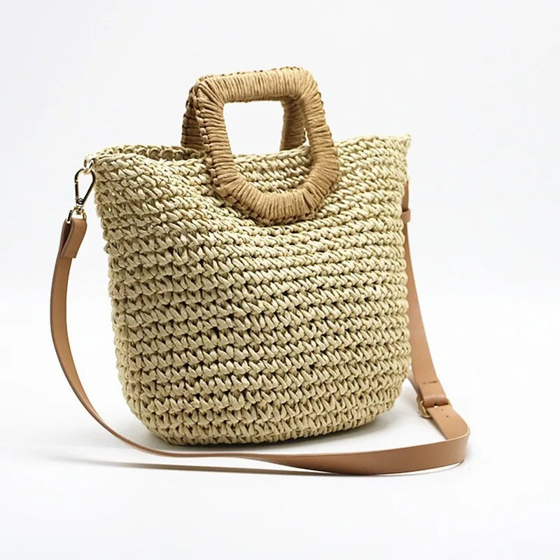 Femlion Women's Straw Bag Paper Hand-Woven Beach Bag Summer Holiday Shoulder Bag