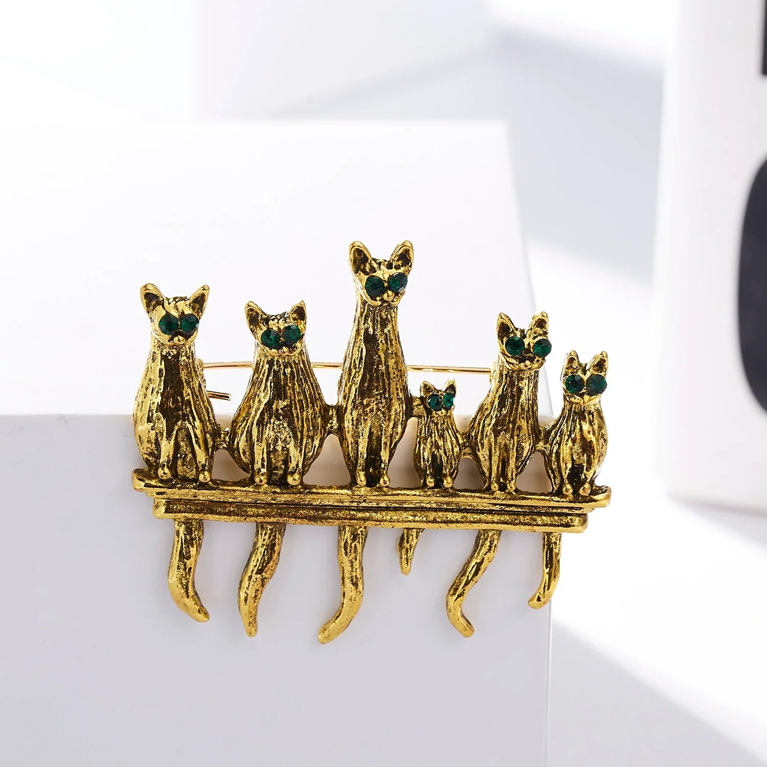 Femlion Vintage Green Rhinestone Cat Brooches - Set of 6 Cute Cats Enamel Pins