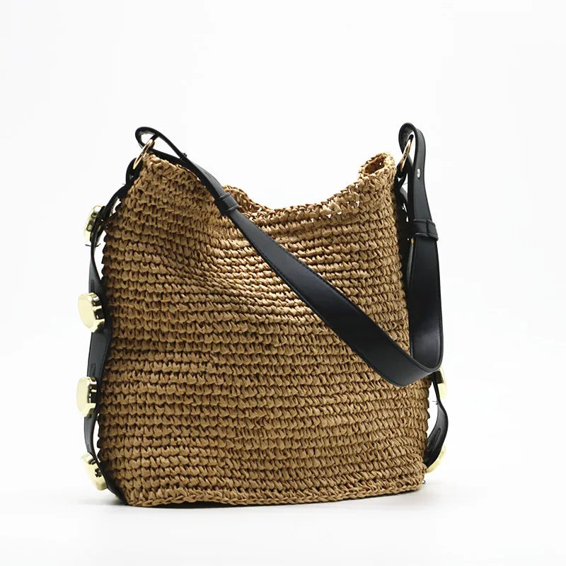 Femlion Yellow Metal Detail Woven Straw Big Bag One Shoulder Women Bag