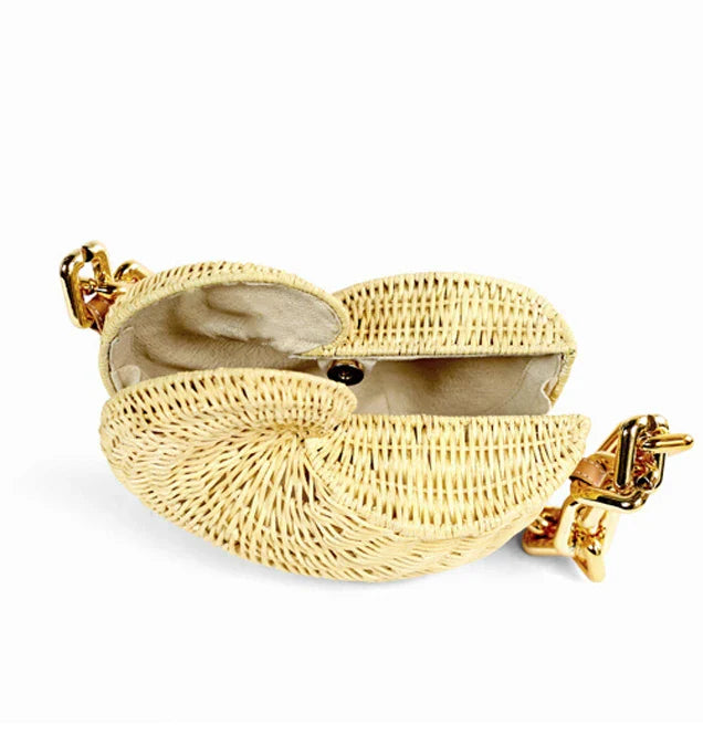 Femlion Luxury Rattan Conch Shoulder Bag Straw Handbag Wicker Woven Beach Purse