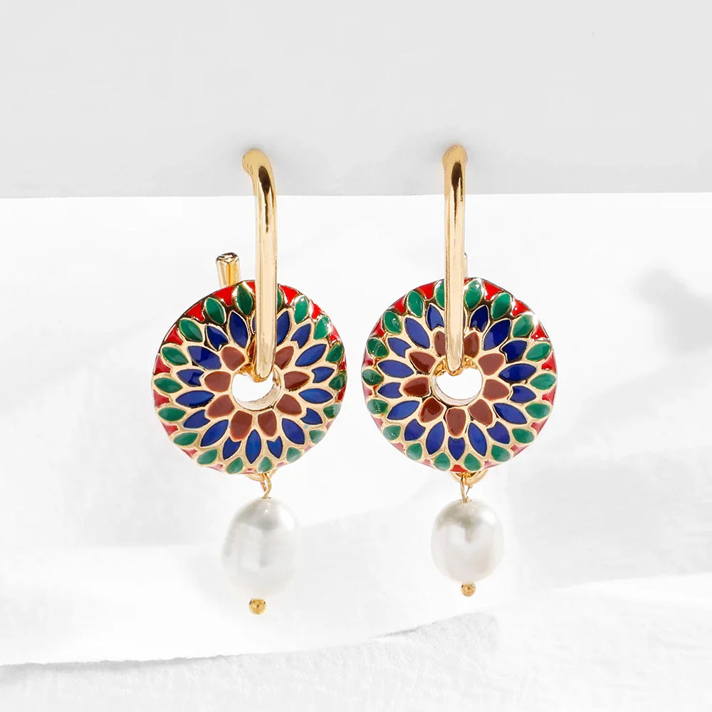 Femlion Bohemia Leaf Enamel Drop Earrings with Pearl ��� 2020 Wedding Jewelry