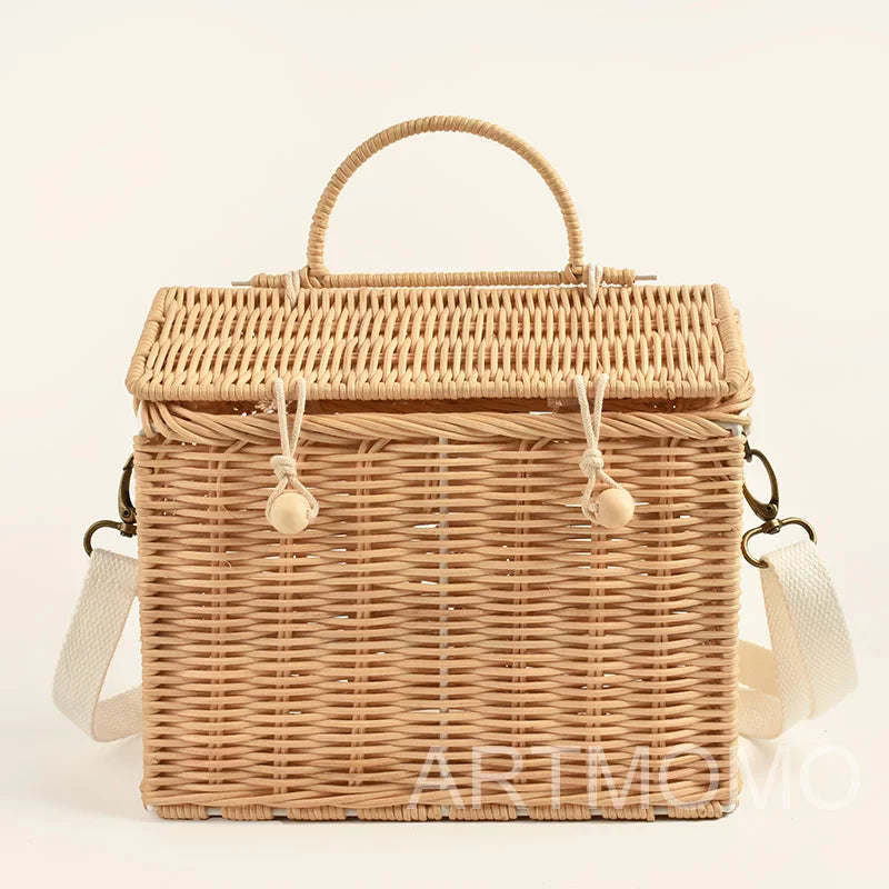 Femlion House Shape Rattan Women Handbags - Wicker Crossbody Straw Bag