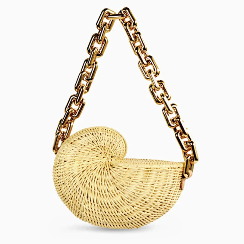 Femlion Luxury Rattan Conch Shoulder Bag Straw Handbag Wicker Woven Beach Purse