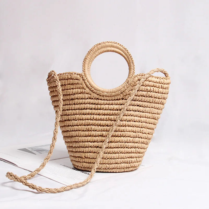 Femlion Round Straw Woven Bag One-Shoulder Handbag Beach Vacation Retro Style