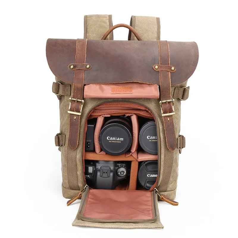 Femlion Canvas Leather Camera Backpack Retro DSLR Daypack Fashion Rucksack