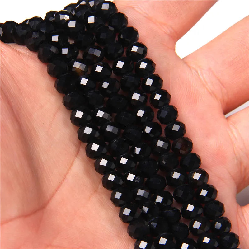 Femlion Black Spinel Faceted Bead 4*6MM Flat Round Gemstone for Jewelry Making