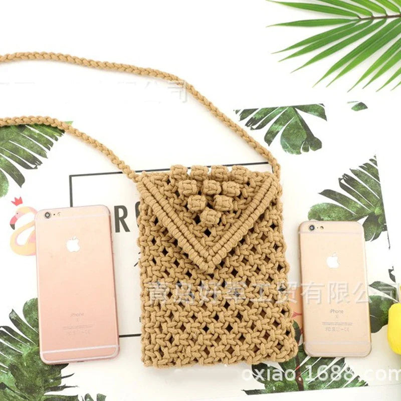 Femlion Cotton Rope Hand-woven Beach Bag Shoulder Straw Messenger Phone Bag