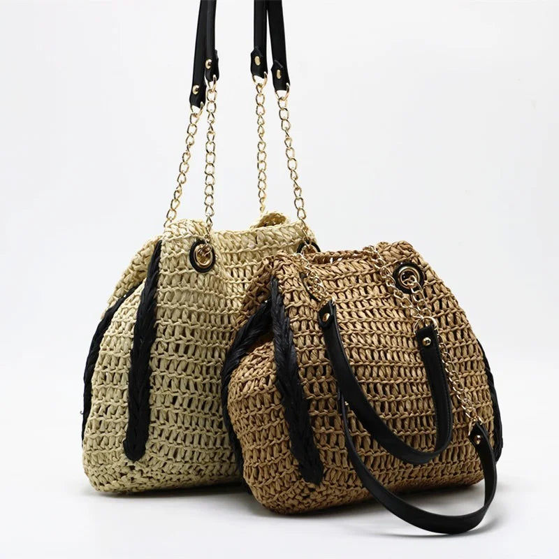 Femlion Beige Straw Woven Bucket Bag Crocheted Female Big Bag