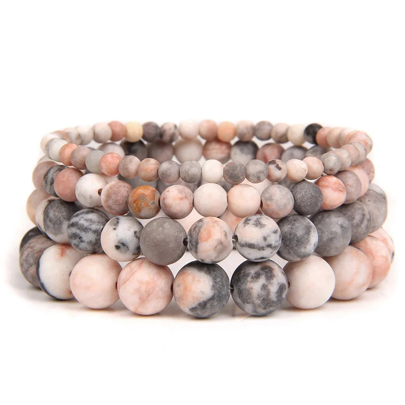 Femlion Frosted Pink Zebra Stone Beaded Bracelets for Women and Men