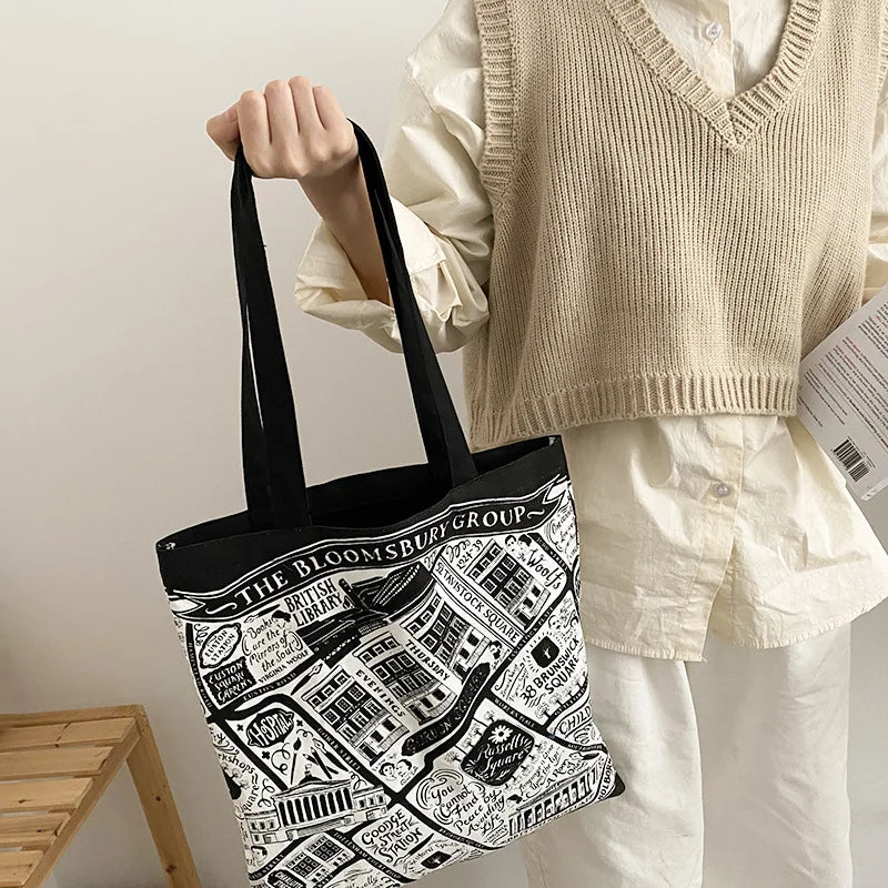 Femlion London Bloomsbury Canvas Shoulder Bag - Stylish Grocery Tote and Book Carrier