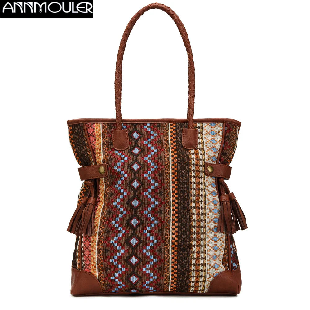 Bohemian Style Femlion Tassel Tote Bag for Women, Brown Large Capacity Handbag