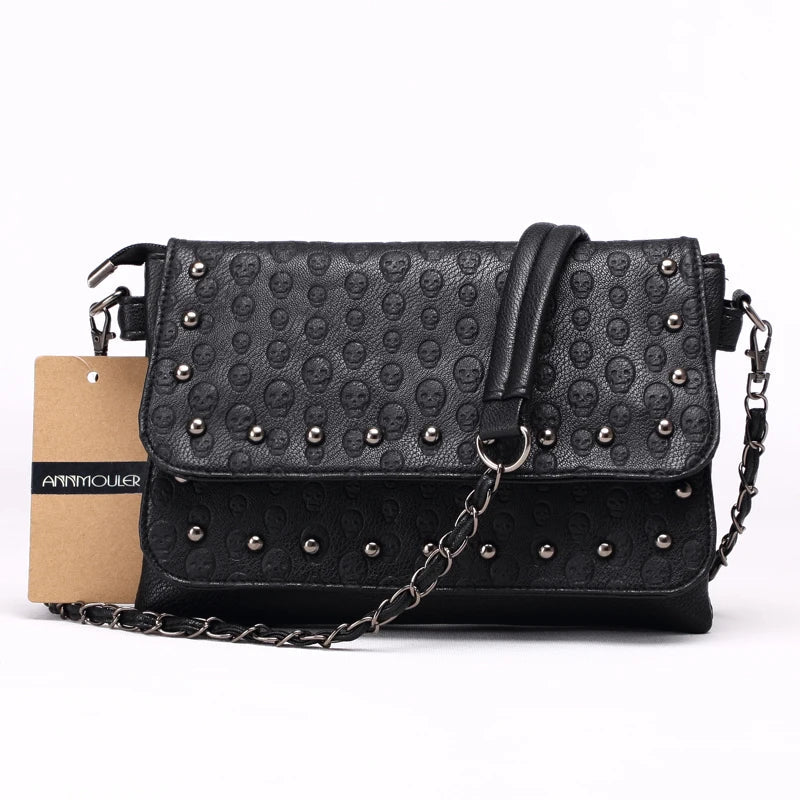 Femlion Rivet Skull Chain Crossbody Bag - Women's PU Leather Messenger Purse in 5 Colors