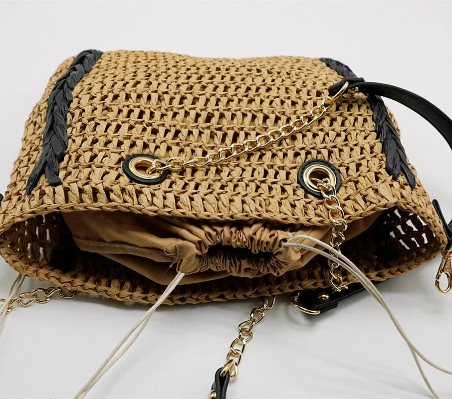 Femlion Beige Straw Woven Bucket Bag Crocheted Female Big Bag