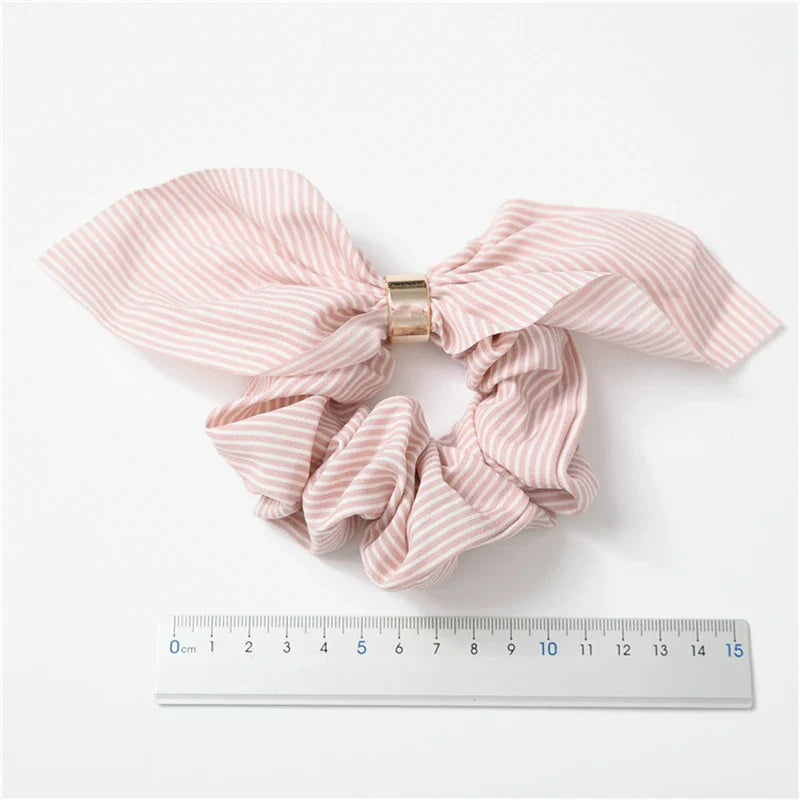 Femlion Rabbit Ears Chiffon Hair Scrunchie with Metal Buckle, Stripe Elastic Hair Rope