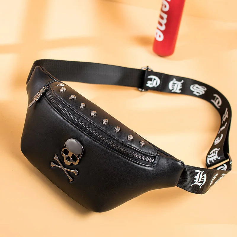 Femlion Skull Waist Bag Unisex Pu Leather Fanny Pack, Black Belt Bum Bag