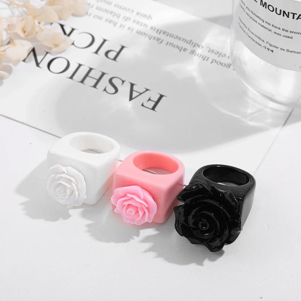 Femlion Rose Flower Resin Square Rings Set for Women - 2021 Fashion Jewelry