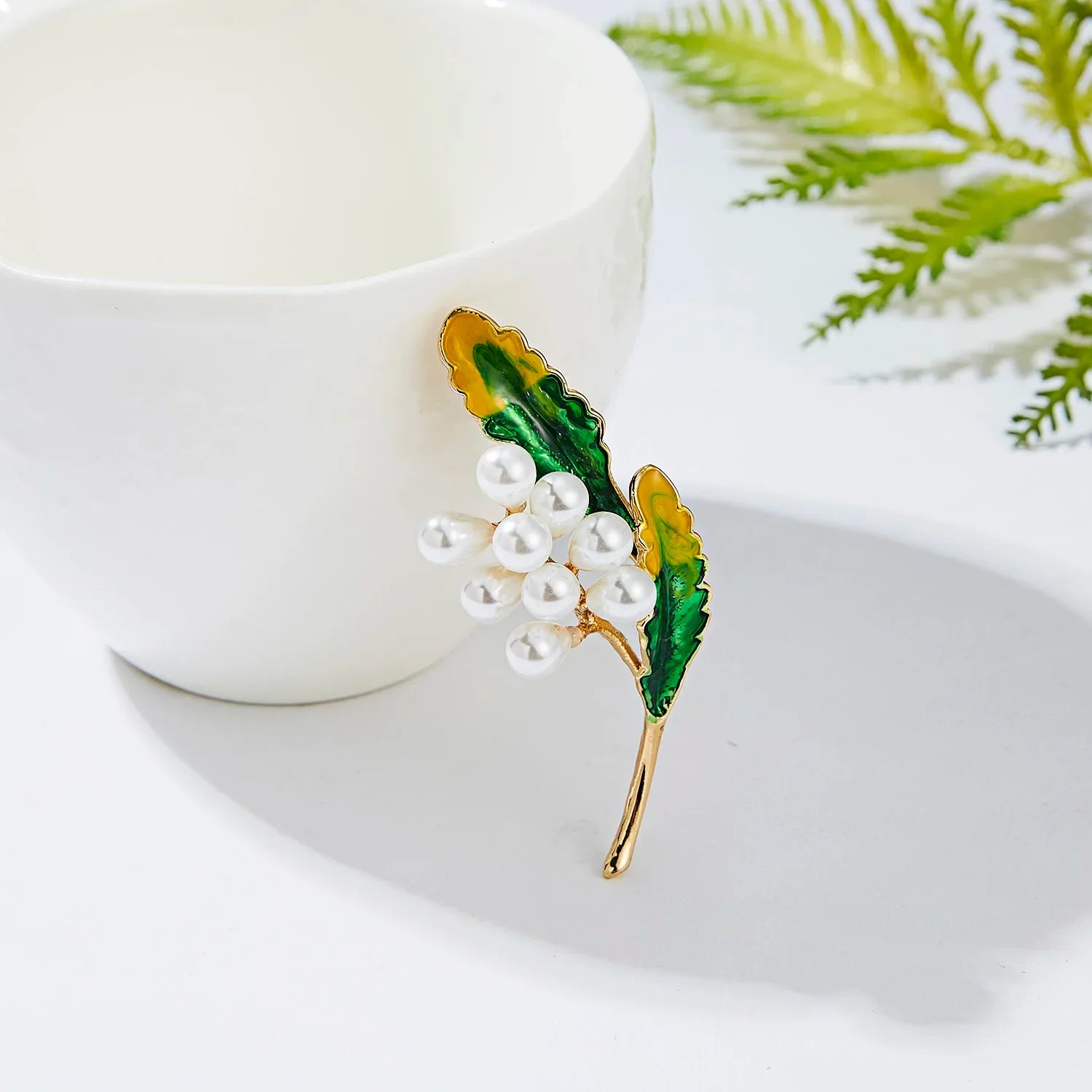 Femlion Pearl Flower & Crystal Leaf Brooch