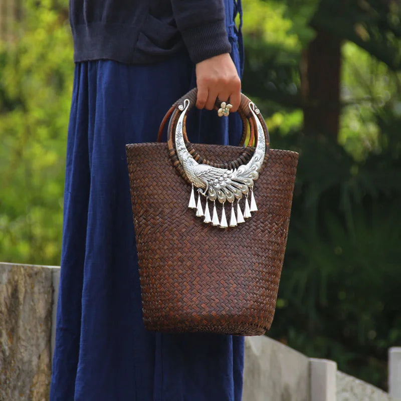 Femlion Retro Woven Straw Handbag with Wooden Handle