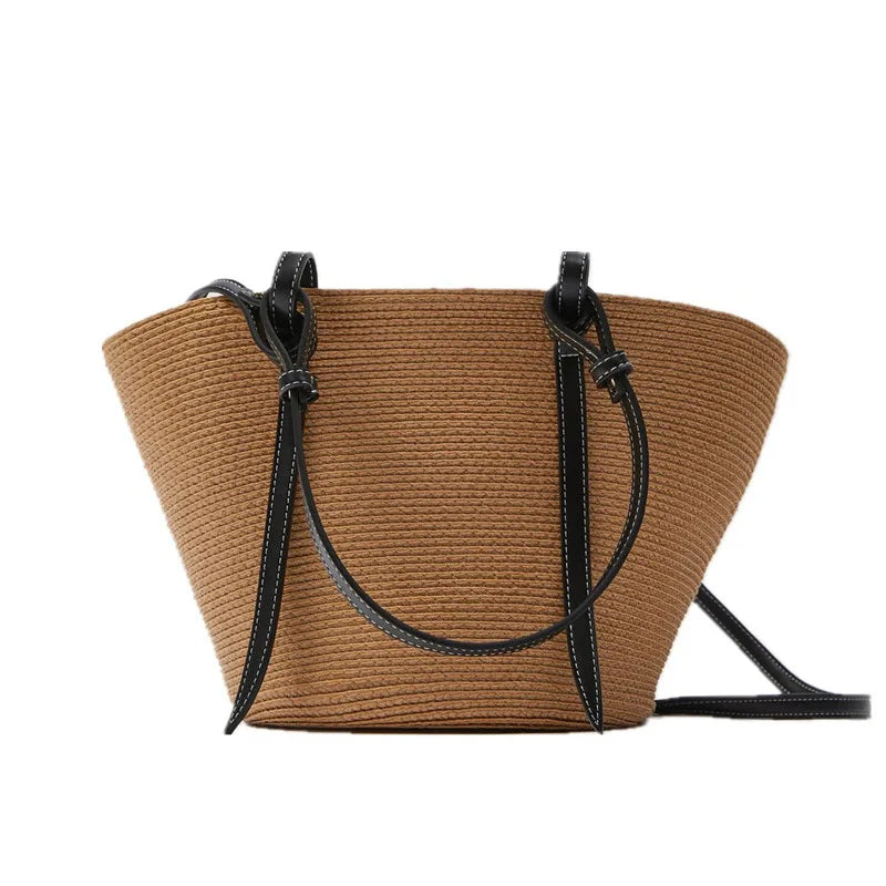 Femlion Straw Woven Color Stitching Basket Bag - Large Capacity Hand-Woven Fashion Shoulder Bag