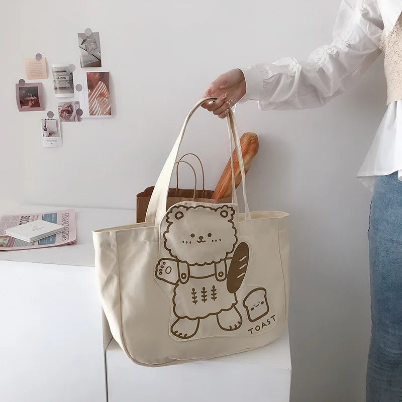 Femlion Cute Bear Print Canvas Shoulder Bag: Large Capacity Tote for Ladies