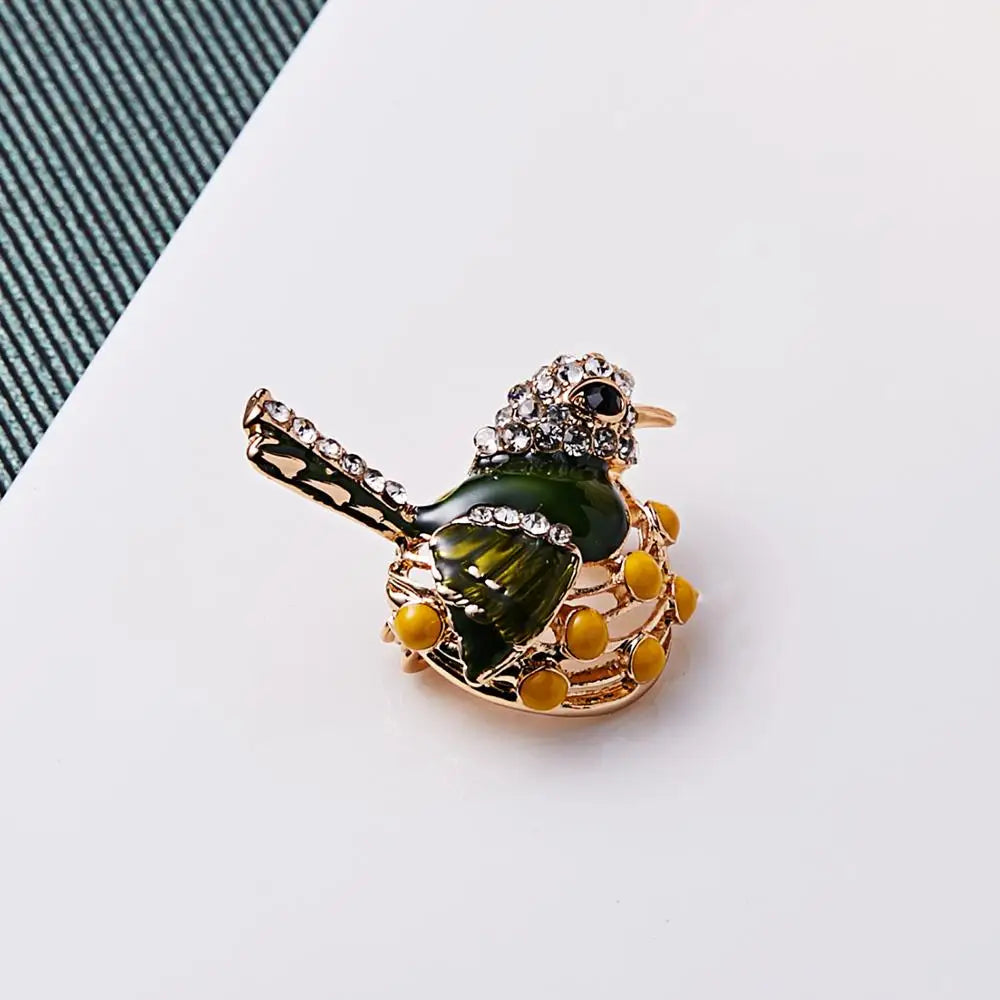 Colorful Enamel Bird & Branch Brooch by Femlion - Handmade Crystal Animal Jewelry