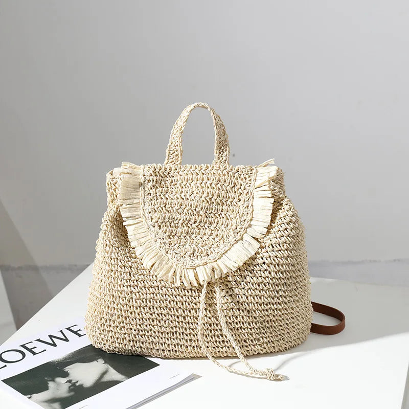 Femlion Tassel Straw Backpack: Stylish Woven Bag for Beach Vacation or Leisure