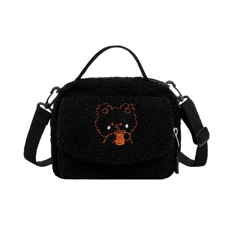 Femlion Mini Plush Crossbody Bag: Cute Embroidery Zip Purse for Women