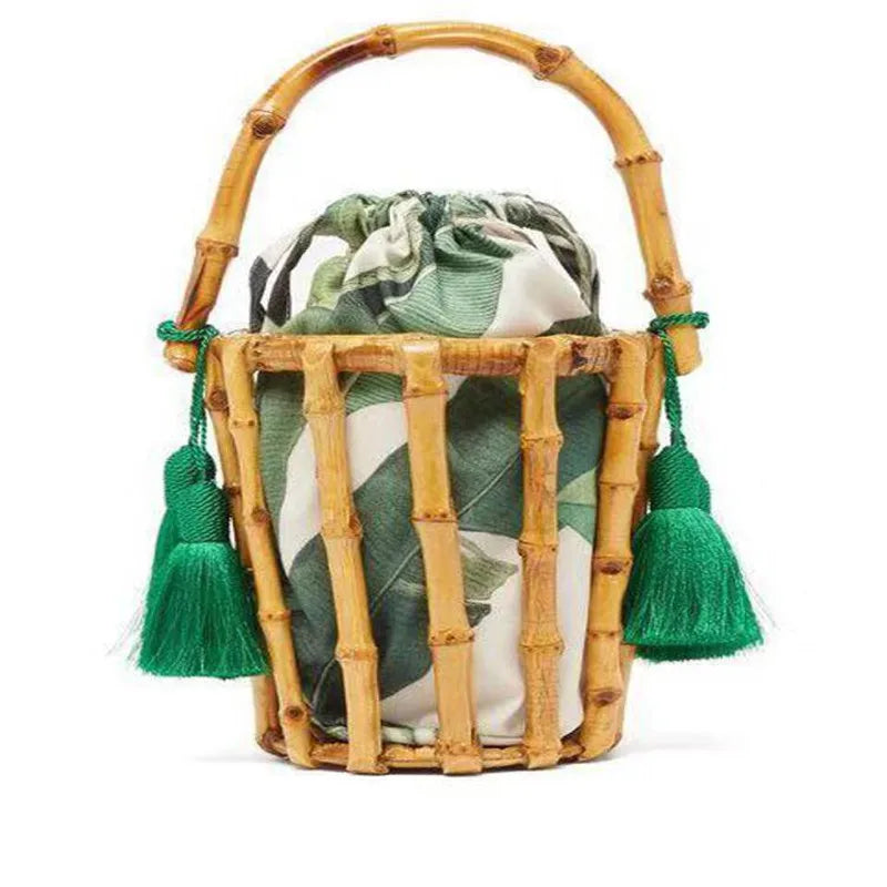 Femlion Tassel Woven Bamboo Bag Bucket Beach Clutch Hollow Handbag