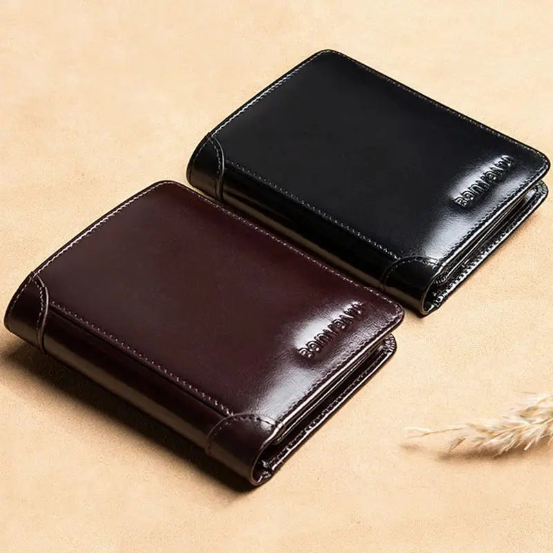 Femlion RFID Genuine Leather Men's Wallet Vintage Black Purse Mini Card Holder