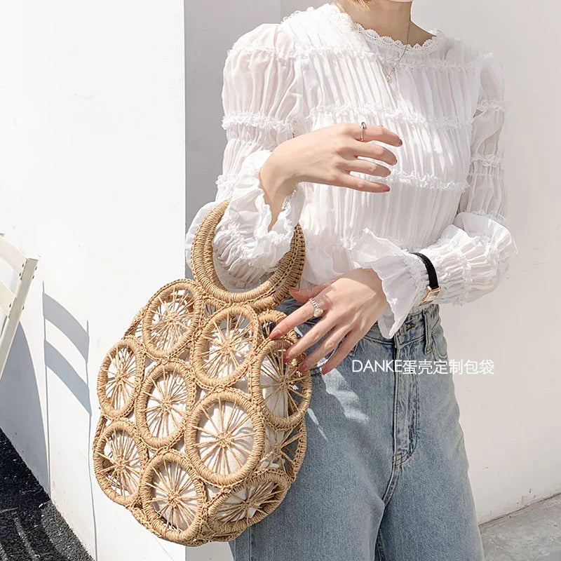 Femlion Rattan Round Straw Bag Wicker Beach Handbag Summer Crossbody Purse