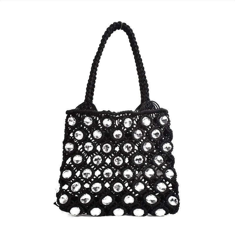 Femlion Woven Diamond Mini Bucket Bag with Rhinestones – Chic Wedding Purse